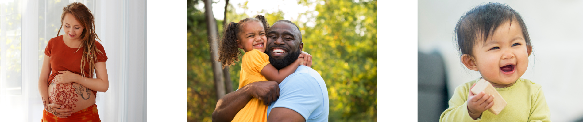 pregnant woman with henna decorating her belly; black man smiling and hugging his child; asian toddler smiling and playing